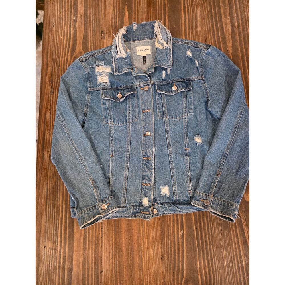 Black Label Distressed Denim Jacket Womens Large Cropped Trucker Blue Jean